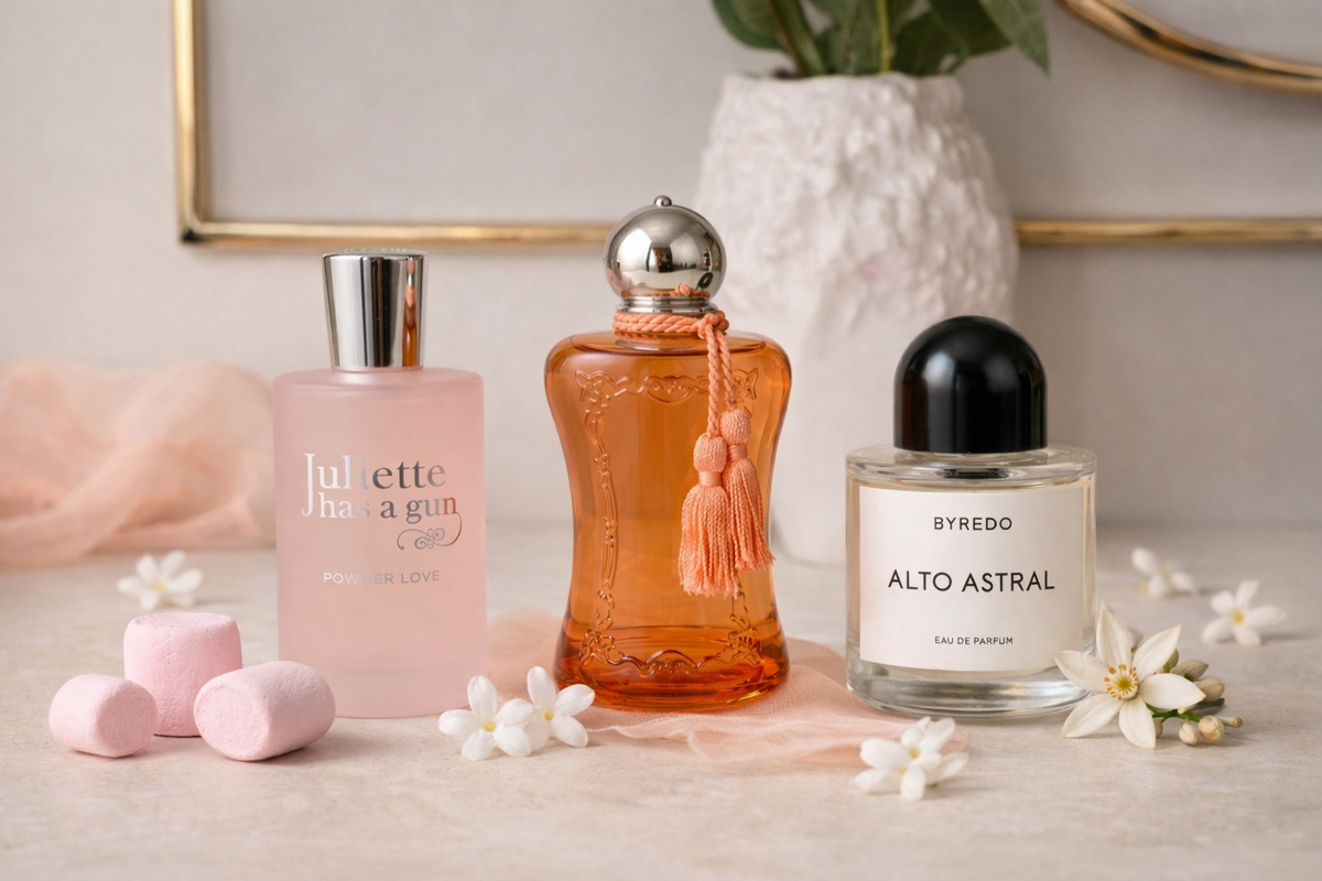 Три трендовых аромата на апрель 2026: Athenais от Parfums de Marly, Alto Astral от Byredo, Powder Love от Juliette Has A Gun. 