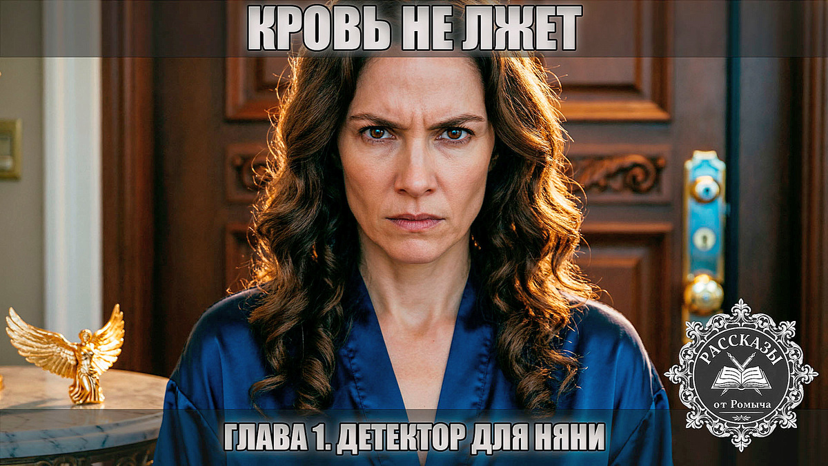 Женщина, карие глаза, темно-русые волосы, одета в темно-синий домашний шелковый халат. Она стоит в полумраке дорогой прихожей, её лицо выражает ледяную ярость и профессиональную сосредоточенность. На заднем плане, в расфокусе, видна массивная входная дверь с новыми замками и золотой кулон «крыло Ники», брошенный на мраморную тумбочку. 