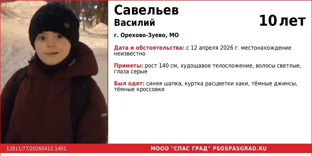 В подмосковном Орехово-Зуево ищут пропавшего 10-летнего мальчика