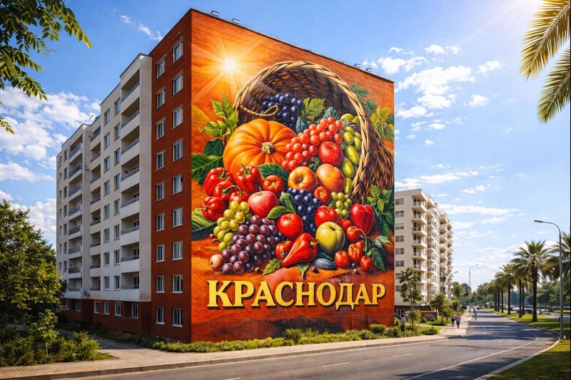 Мурал на фасаде дома в Краснодаре