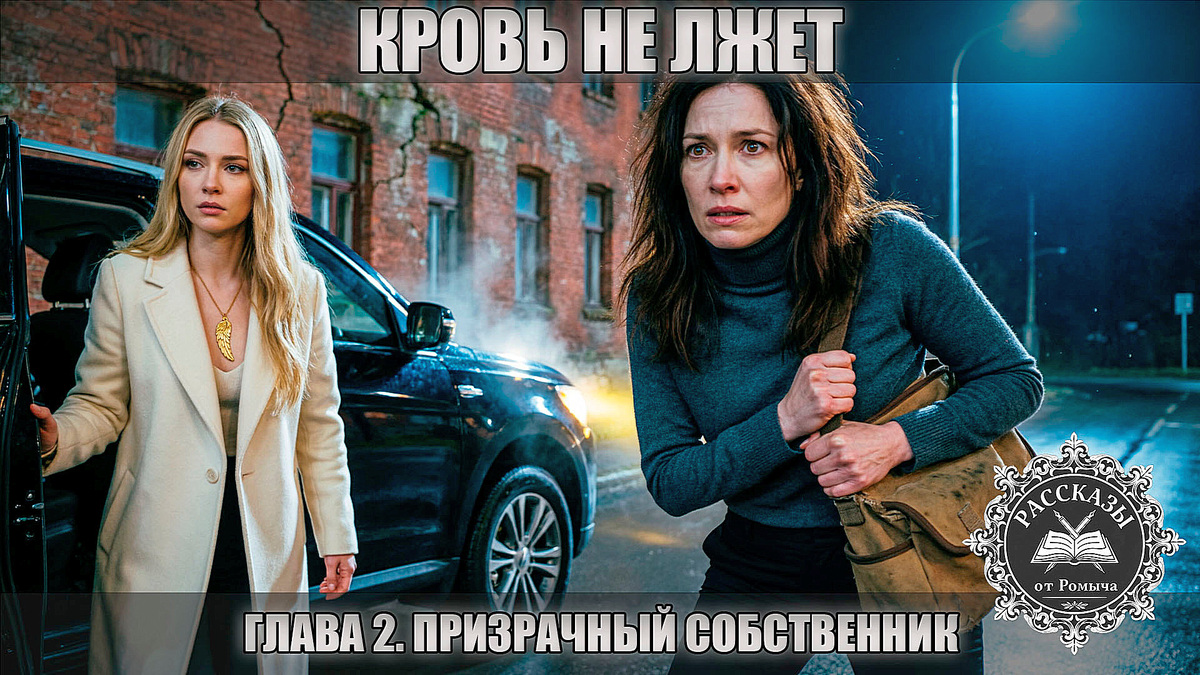 Женщина, карие глаза, темно-русые волосы, испуганное, но решительное лицо, она прижимает к себе строительную сумку. На заднем плане – черный лакированный внедорожник с заведенным двигателем, из которого выходит молодая ухоженная женщина в кашемировом пальто с золотым кулоном в виде крыла на шее.