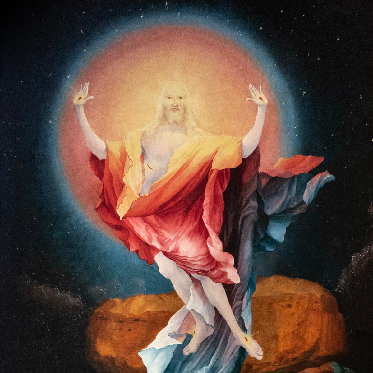 Маттиас Грюневальд, Воскресение. Фрагмент Изенгеймского алтаря (первое открытие, за внешними створками, правая створка). С 1512 по 1516 годы. Дерево, масло. 226х176 см. Музей Унтерлинден, Кольмар, Франция. 