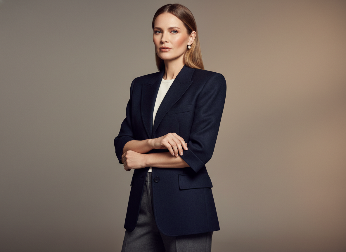 Жёсткий пиджак с плечами «домиком» и слишком коротким рукавом делает силуэт строгим и устаревшим