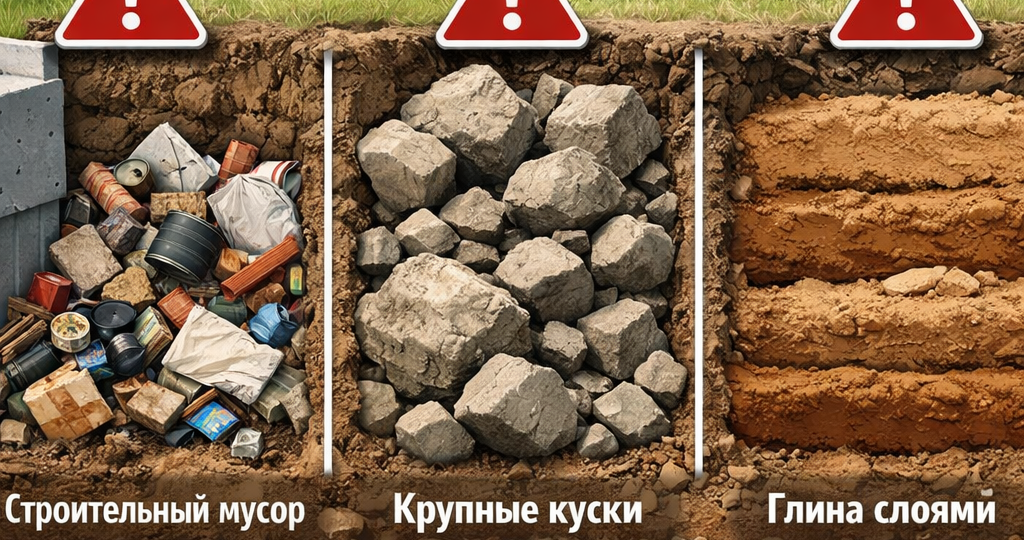 🚧 Ошибки обратной засыпки: мусор, крупные куски, глина слоями