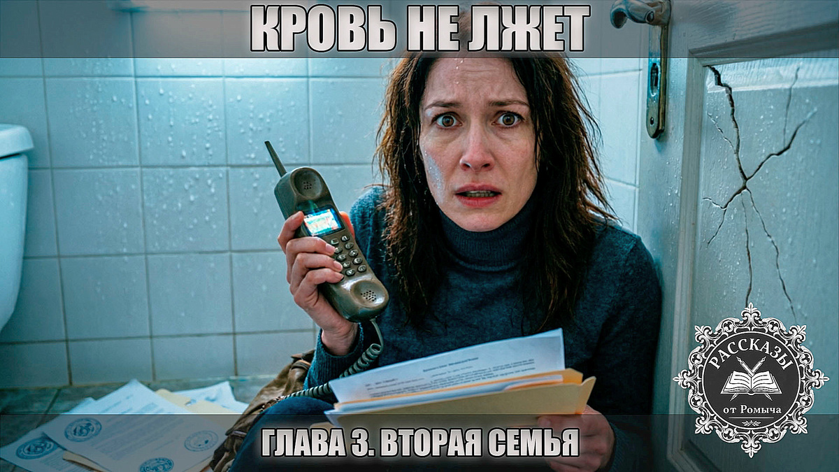 Женщина, карие глаза, темно-русые волосы, лицо бледное, в каплях воды, заперта в тесной ванной комнате. Она сидит на полу, прижимаясь спиной к двери, которая содрогается от ударов снаружи. В одной руке она держит старый кнопочный телефон с мигающим экраном, в другой – раскрытую папку с документами.