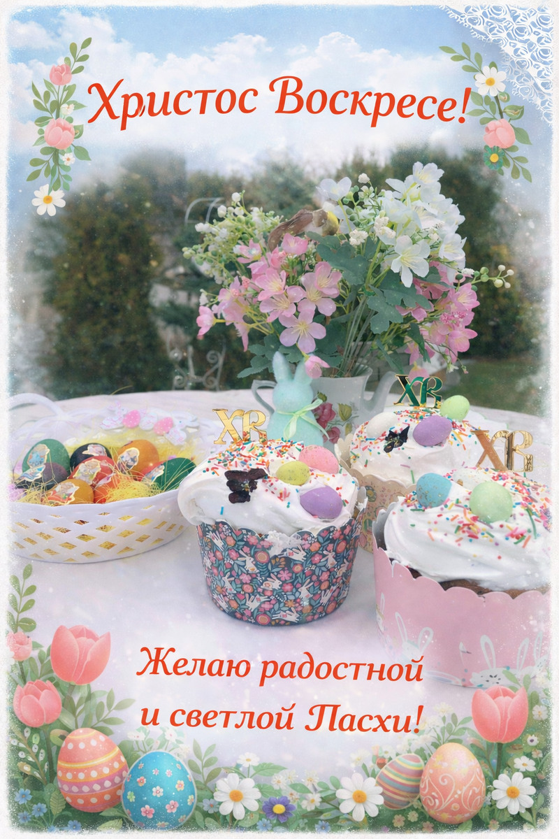 С праздником светлой Пасхи!

Христос Воскресе!
Пусть этот светлый день наполнит ваш дом теплом, радостью и уютом.
Желаю душевного спокойствия, добра, крепкого здоровья и благополучия.
Пусть в жизни будет больше светлых моментов, искренних улыбок и приятных встреч.

Пусть, как на этой праздничной открытке, в вашем доме всегда будут
красота, уют, вкусные угощения и атмосфера настоящего праздника 🌸🐣