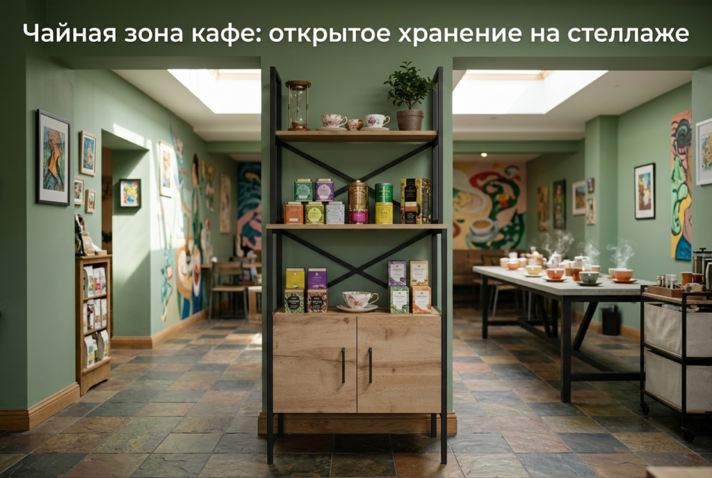    Функциональный напольный стеллаж как элемент стильного оформления чайной зоны. GROSTAT