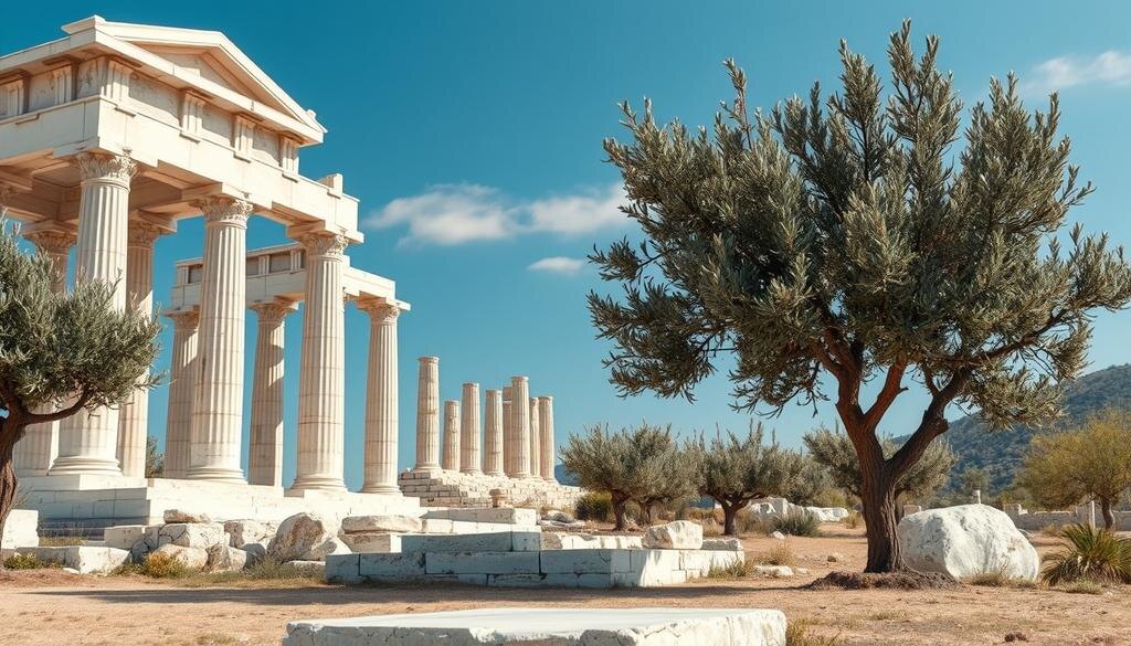    Художественное изображение Древней Греции с мармуровыми храмами и оливковыми деревьями.