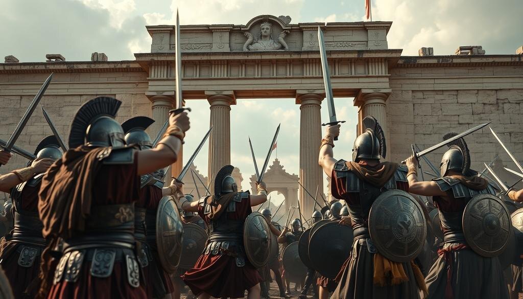    Драматическая сцена с греческими воинами у ворот города, изображающая Троянскую войну.