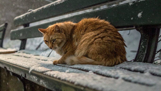 Кот едва не примерз к скамейке. Но помощь пришла откуда не ждали