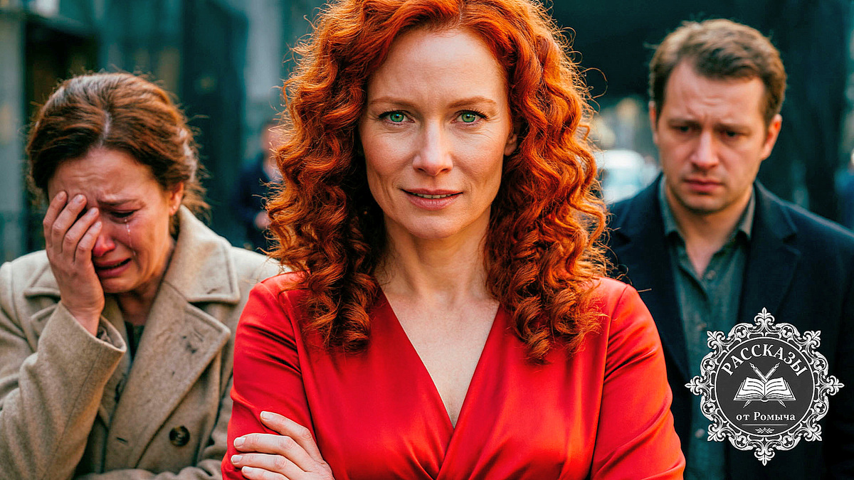 Фотореализм, гиперреализм, 8k, высокое разрешение, насыщенные теплые тона, кинематографическое освещение. Все персонажи славянской внешности, в современной одежде. Крупный план. Женщина с рыжими волосами и зелеными глазами, в ярко-красном шелковом платье, стоит скрестив руки. На заднем плане подавленный мужчина и плачущая женщина в дорогом, но помятом бежевом пальто.