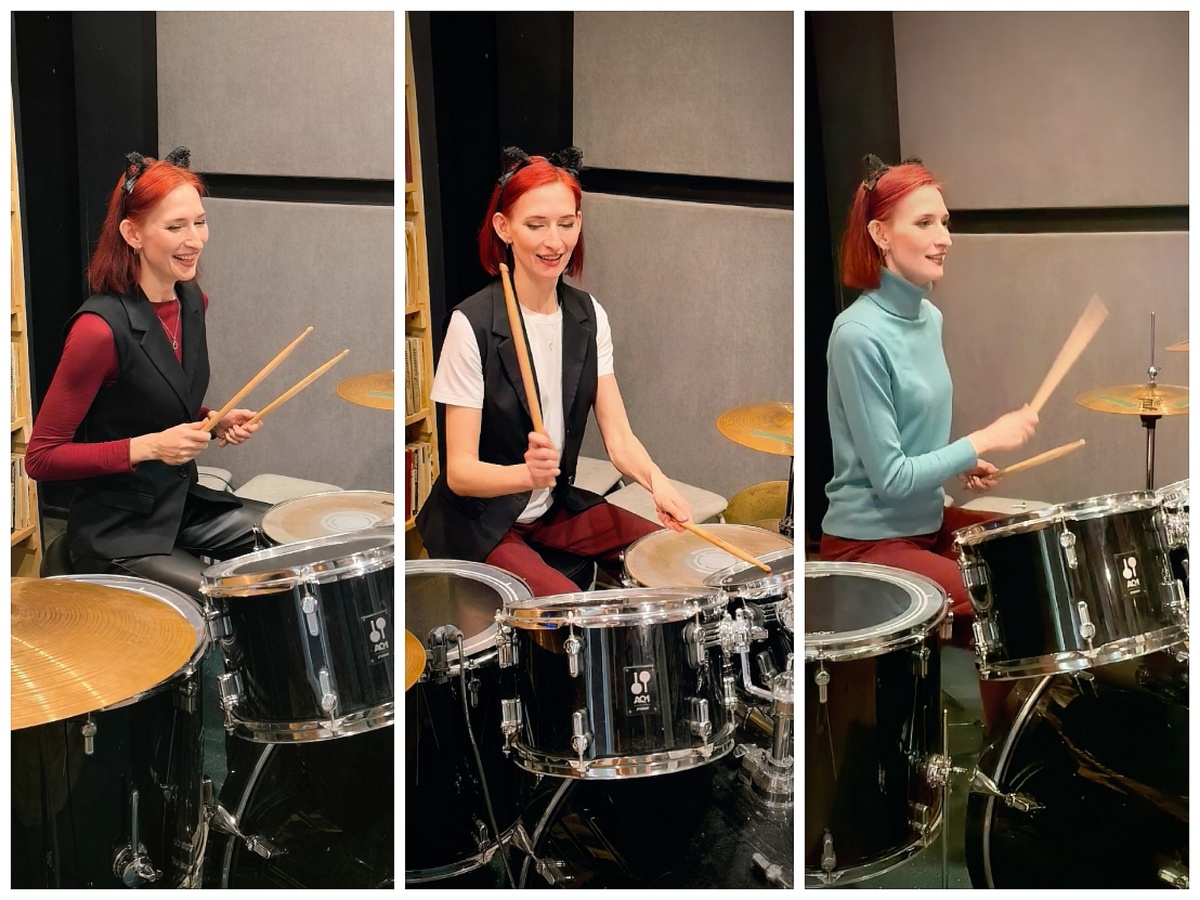 Коллаж из фото с 4-го, 5-го и 6-го занятий на барабанной установке