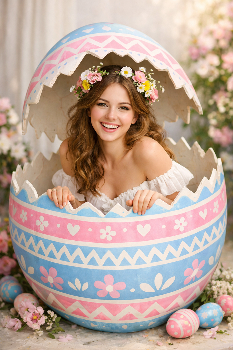 Промпт Young woman with spring flowers in hair, playfully emerging from huge decorated Easter egg, sitting pose, colorful egg shell with traditional patterns, pastel pink and blue colors, whimsical fairy tale style, soft natural lighting, Easter celebration theme, joyful expression, professional portrait photography