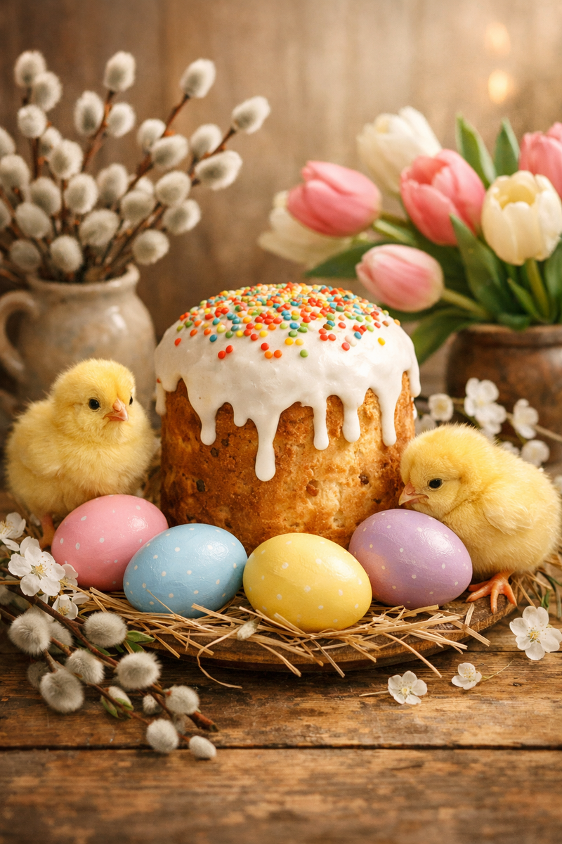 Промпт A beautiful Easter greeting card scene, cozy and warm atmosphere, traditional Easter kulich cake with white glaze dripping down and colorful sprinkles on top, painted Easter eggs in pastel colors (pink, blue, yellow, lavender) arranged around the kulich, cute fluffy yellow chicks, soft natural lighting, spring flowers (pussy willows and tulips), rustic wooden table, soft focus background, warm color palette, professional food photography style, greeting card composition, 4k quality, hyper realistic, festive and joyful mood