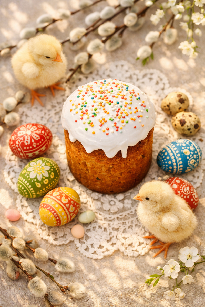 Промпт Top view of Easter scene, golden-brown kulich with pristine white icing and rainbow sprinkles, hand-painted eggs with intricate patterns, two adorable baby chicks, lace doily, spring branches with catkins, dappled sunlight, shallow depth of field, cottage core aesthetic, Instagram-worthy, pastel color grading