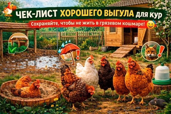 Чек-лист хорошего выгула для кур – сохраняйте, пока ваши несушки не решили, что болотце у двери это "элитный спа-комплекс"! 😄