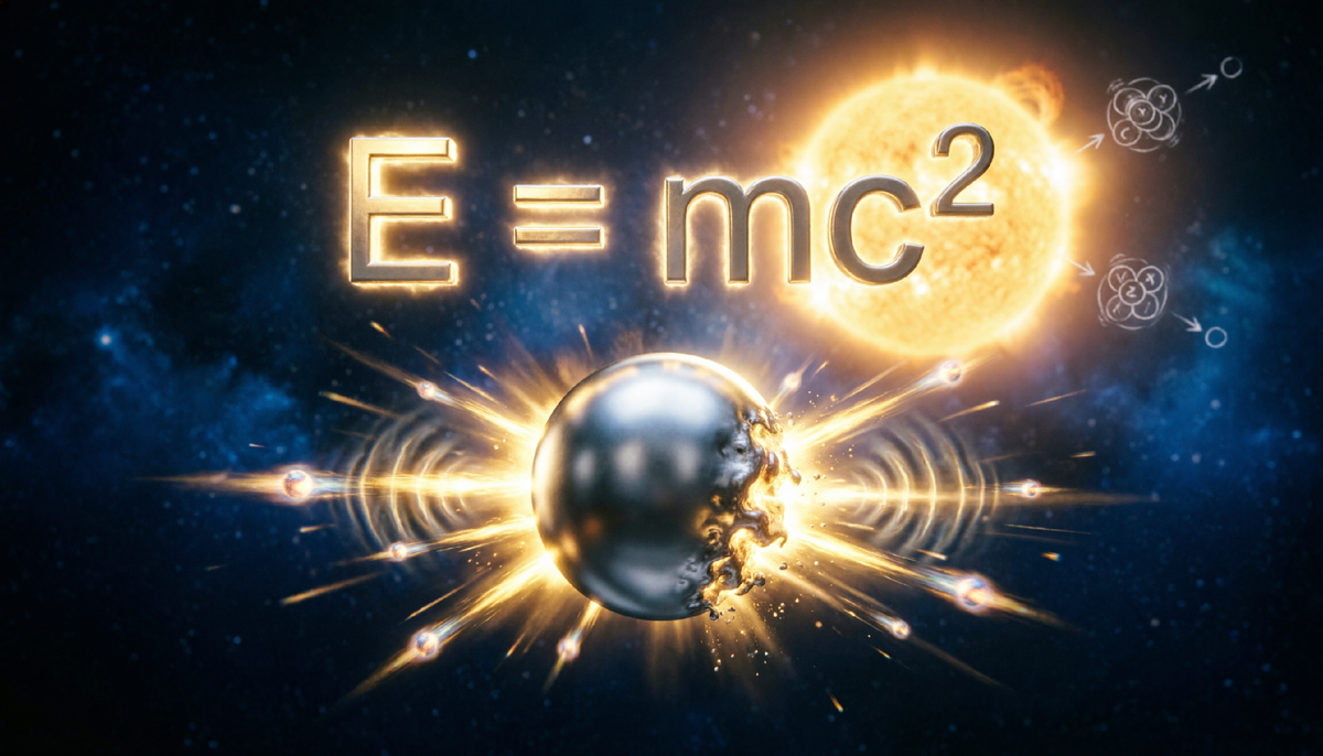 Масса – законсервированная энергия. В звёздах крошечная доля водорода превращается в свет, а в ускорителях чистое движение рождает частицы. E=mc? связывает две фазы одного инварианта.

