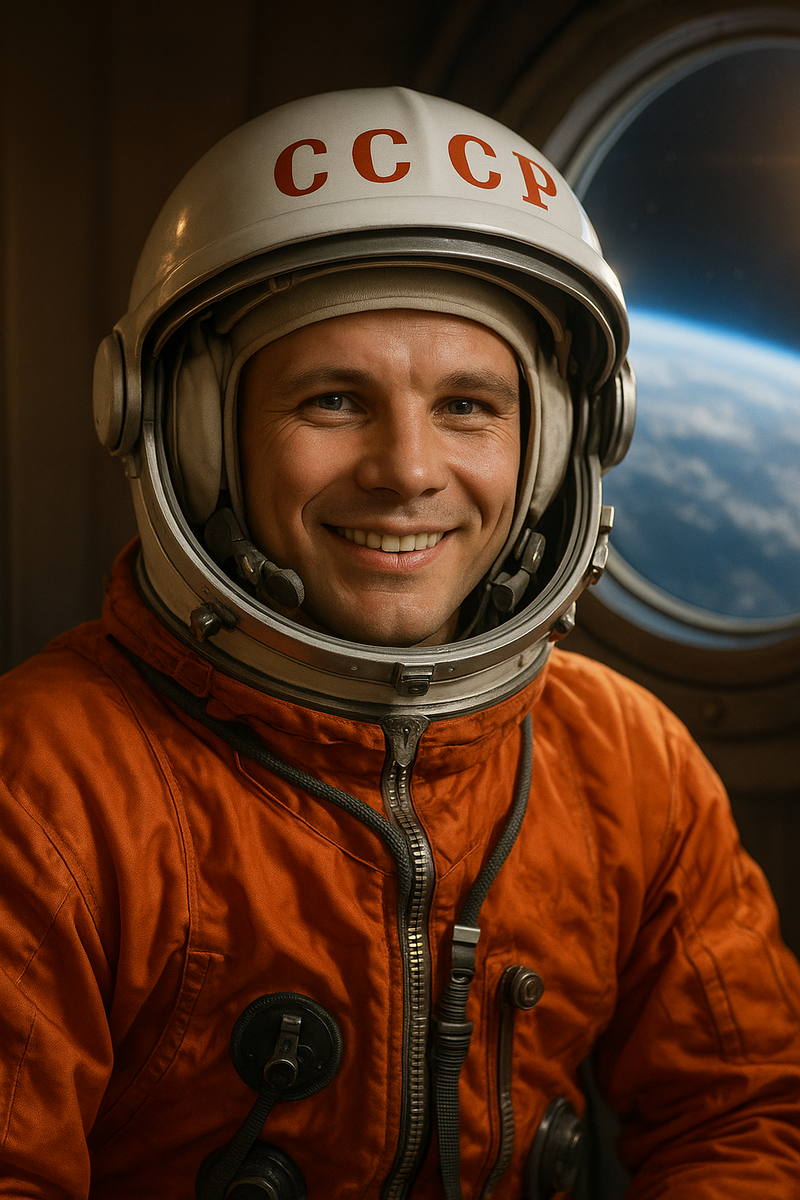 Professional portrait photography, handsome young Russian cosmonaut age 27-30, similar facial features to Yuri Gagarin, kind eyes, charismatic smile, orange Sokol spacesuit, white helmet with red "СССР" letters, Earth visible through spacecraft window behind him, soft studio lighting, slight lens flare, photorealistic, 8k quality, National Geographic style, heroic and inspiring atmosphere