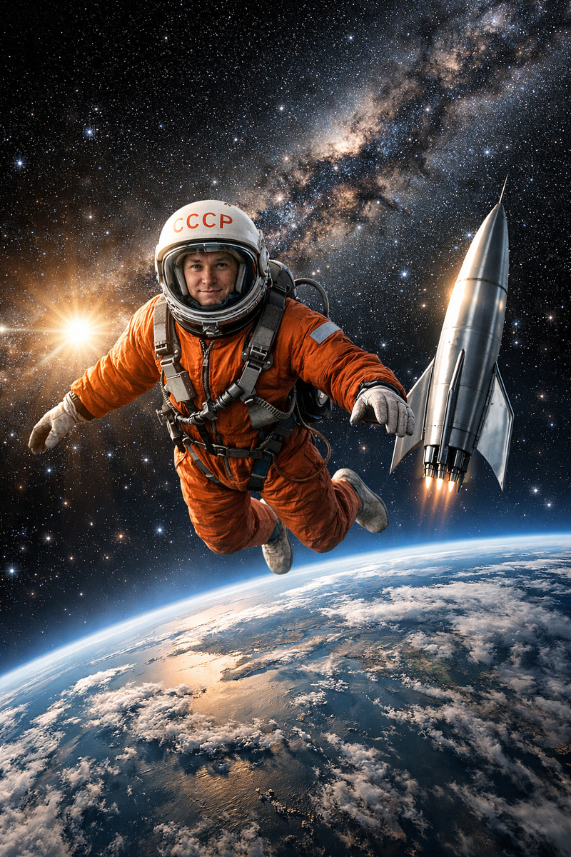 Epic space scene, Russian cosmonaut similar to Yuri Gagarin floating in open space, orange spacesuit, Earth planet below, silver rocket ship nearby, Milky Way galaxy in background, dramatic cinematic lighting, lens flare from the sun, photorealistic, IMAX quality, inspiring and majestic atmosphere, ultra detailed, 8k resolution