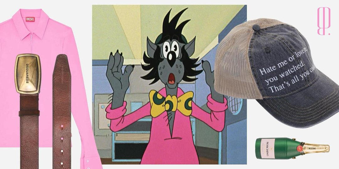 Розовая рубашка и желто-зеленый галстук Волка из «‎Ну, погоди!» смотрятся настолько плохо, что даже хорошо; в руках у Печкина