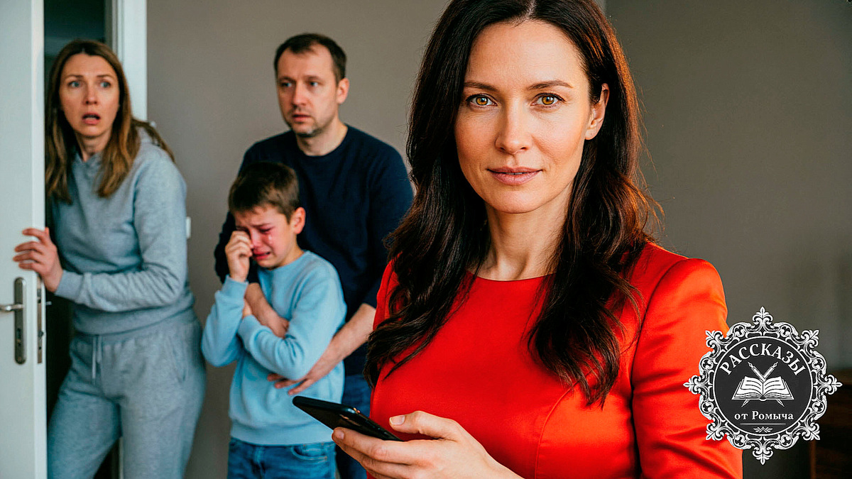 Женщина с медовыми глазами и волосами цвета темный шоколад, в ярко-красном деловом платье. Она стоит со смартфоном в руке, лицо выражает холодное торжество. На заднем плане в тусклых тонах растерянный мужчина обнимает плачущего 10-летнего мальчика, а в дверях застыла шокированная женщина в спортивной одежде.