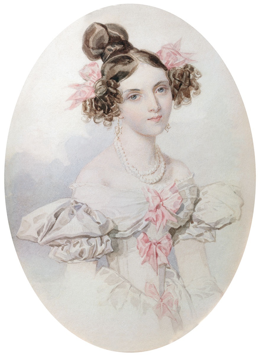 П. Ф. Соколов (1787? – 1848) «Портрет Н. Л. Соллогуб», 1830-е годы. Бумага, акварель. Размеры: 19,5 x 12,5 см.Тульский музей изобразительных искусств. Фото картины взято из открытого источника.