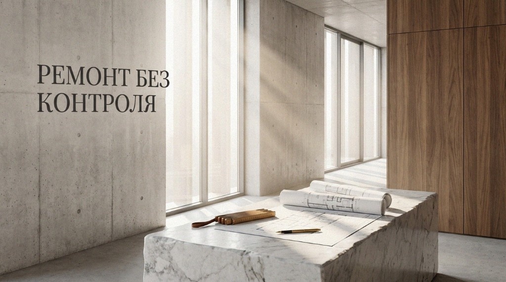 «Ремонт без контроля», мраморная столешница с чертежами и ручкой, бетонная стена и панорамные окна.