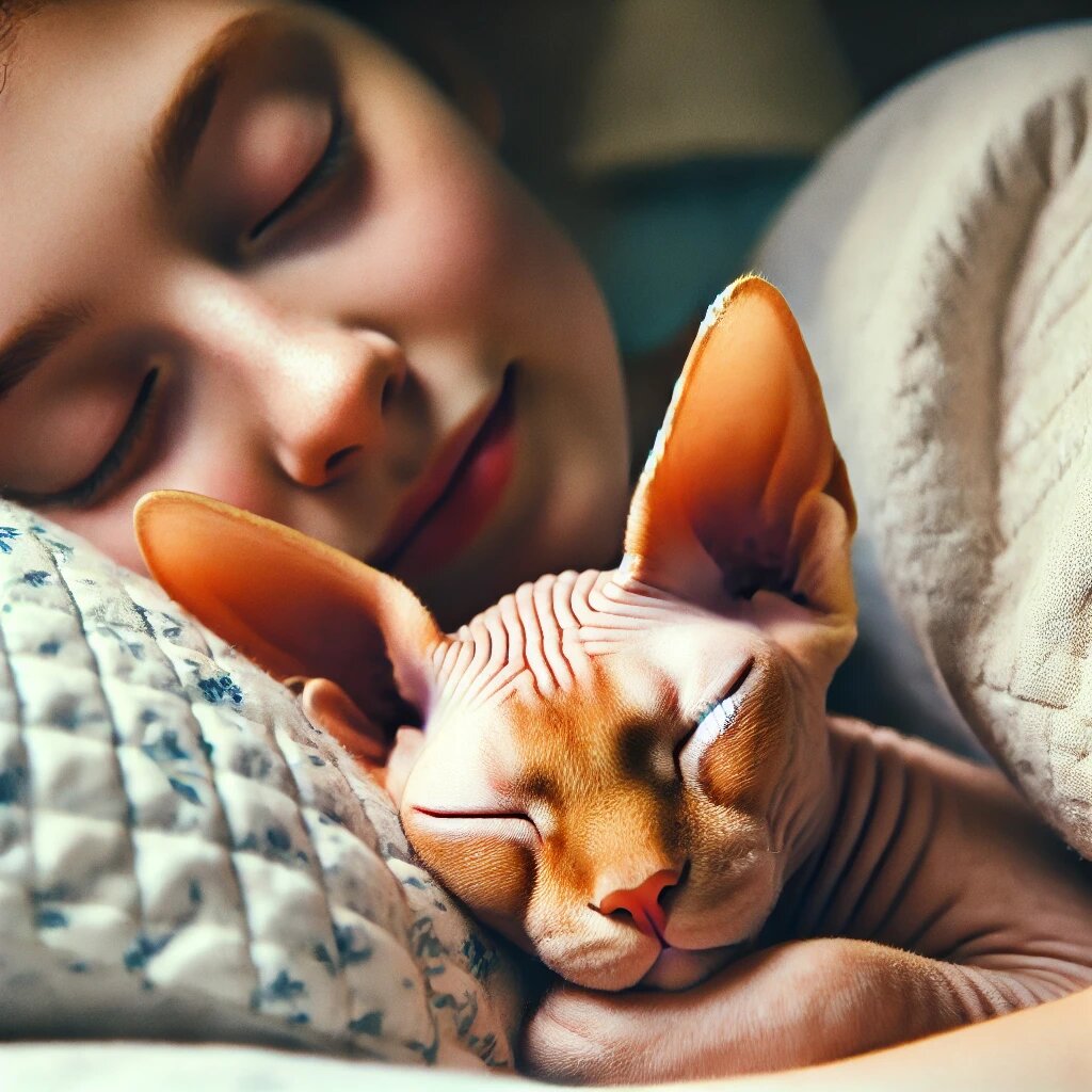 Кот-сфинкс спит рядом с хозяйкой