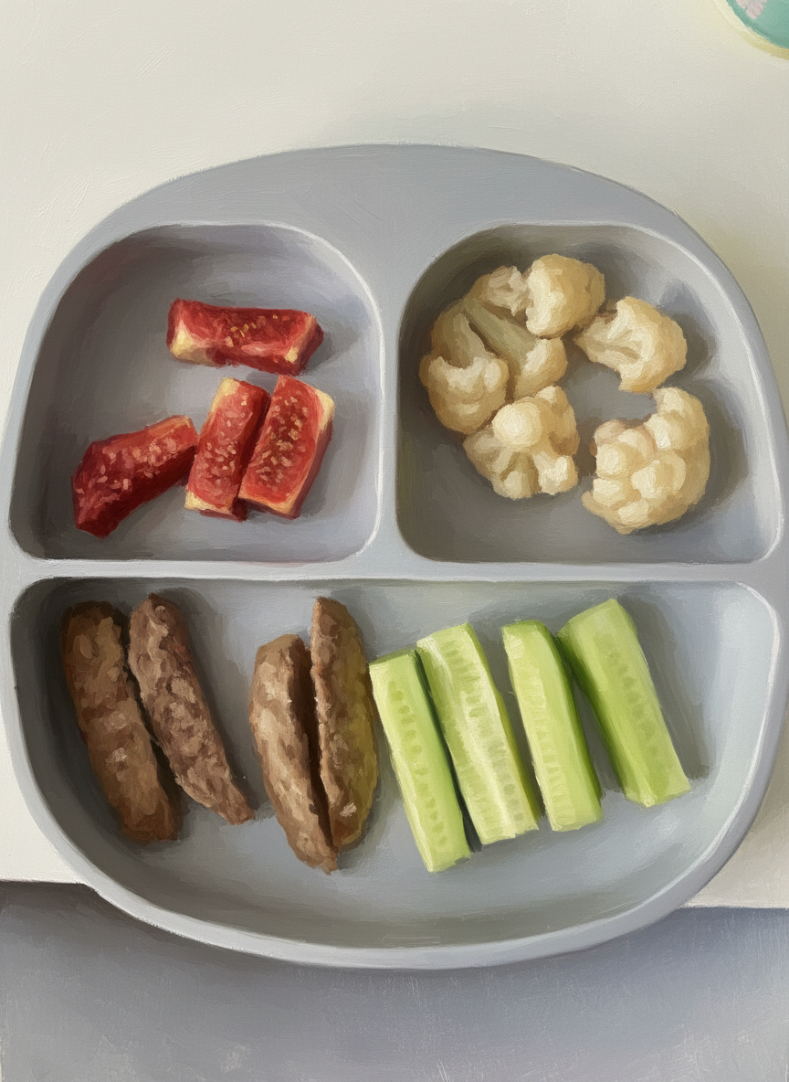 Тарелочка для ребенка 6,5 месяцев: цветная капуста, огурец, инжир, мясные палочки. Тип прикорма - самоприкорм. При традиционном прикорме теже самые продукты можно дать в виде пюре.