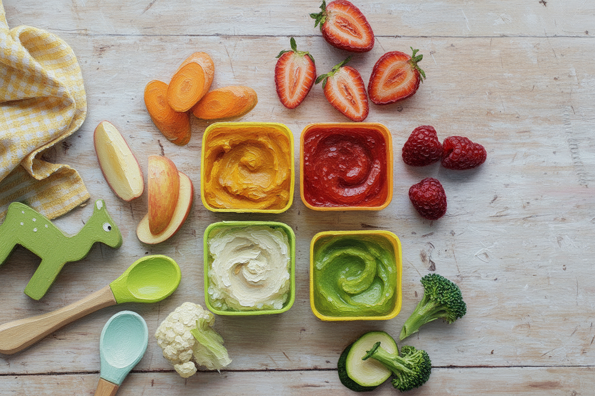 4 вида пюре из фруктов, ягод и овощей: красиво, ярко, но не хватает источников белка и углеводов.