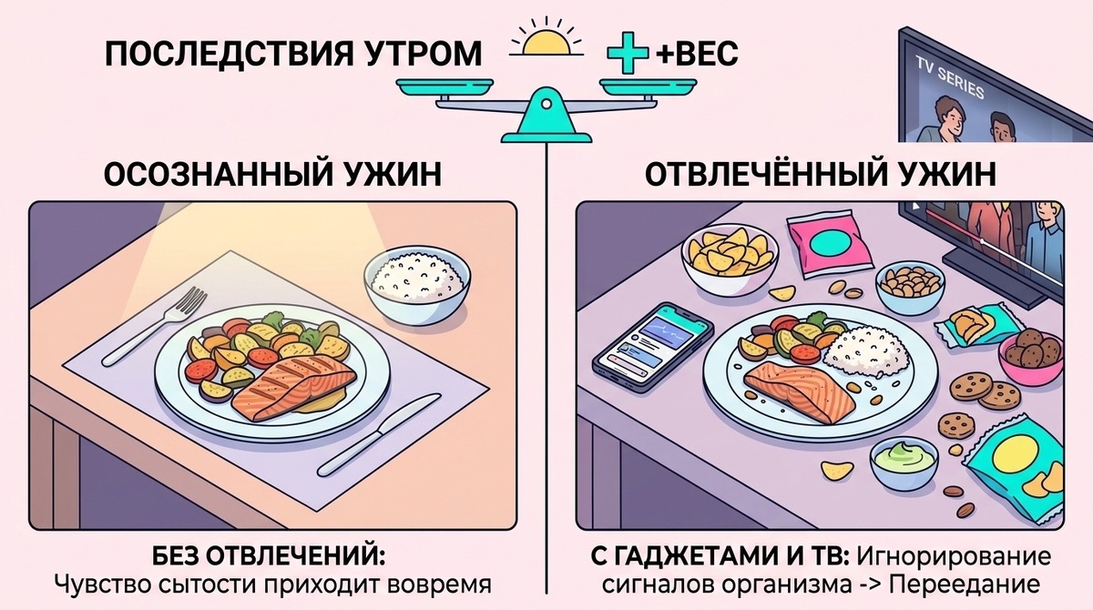 Утром кофе. Днем что-то на бегу. После работы сил нет. И вот дома наконец можно расслабиться. Тело, которое не получило достаточно белка, клетчатки и просто нормальной еды днем, берет свое.