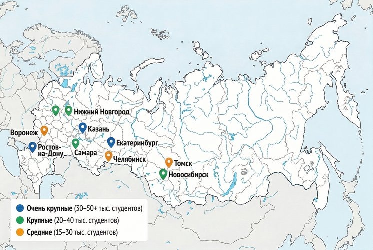 Распределение IT-центров по числу студентов в разрезе городов (без учёта очевидных лидеров — Москвы и Питера)