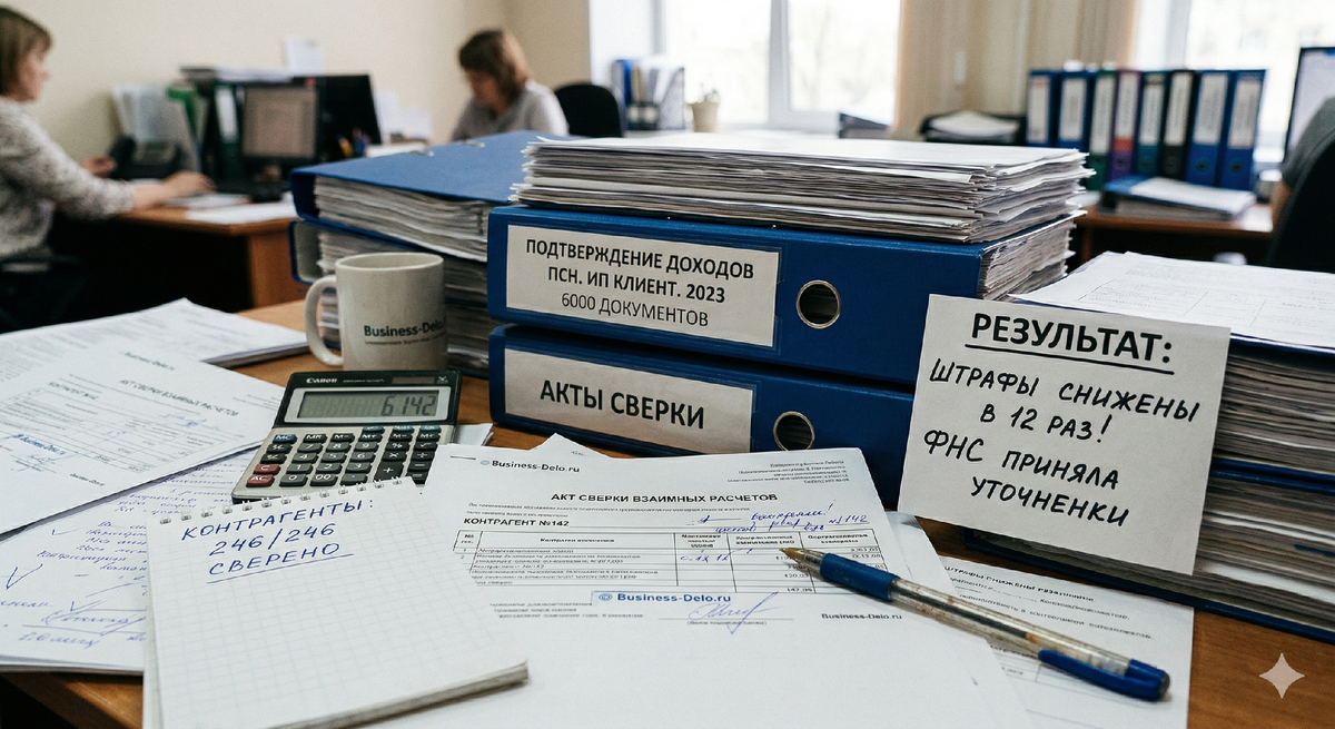 Восстановление бухгалтерского учета для ИП на ПСН: подтверждение доходов, акты сверки с контрагентами и 6000 первичных документов. Результат работы команды Business-Delo: снижение штрафов от налоговой в 12 раз.