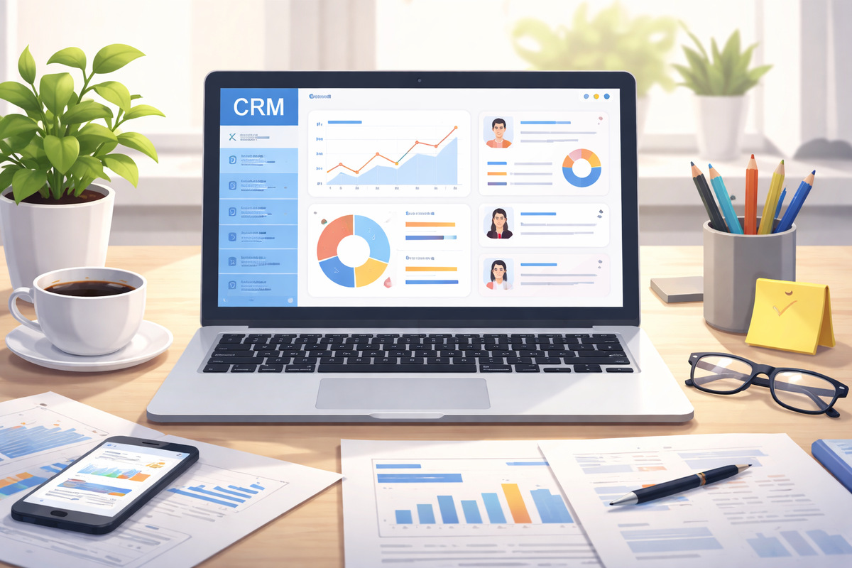 Обложка статьи с изображением рабочего стола и CRM-системы, показывающей управление клиентами.
