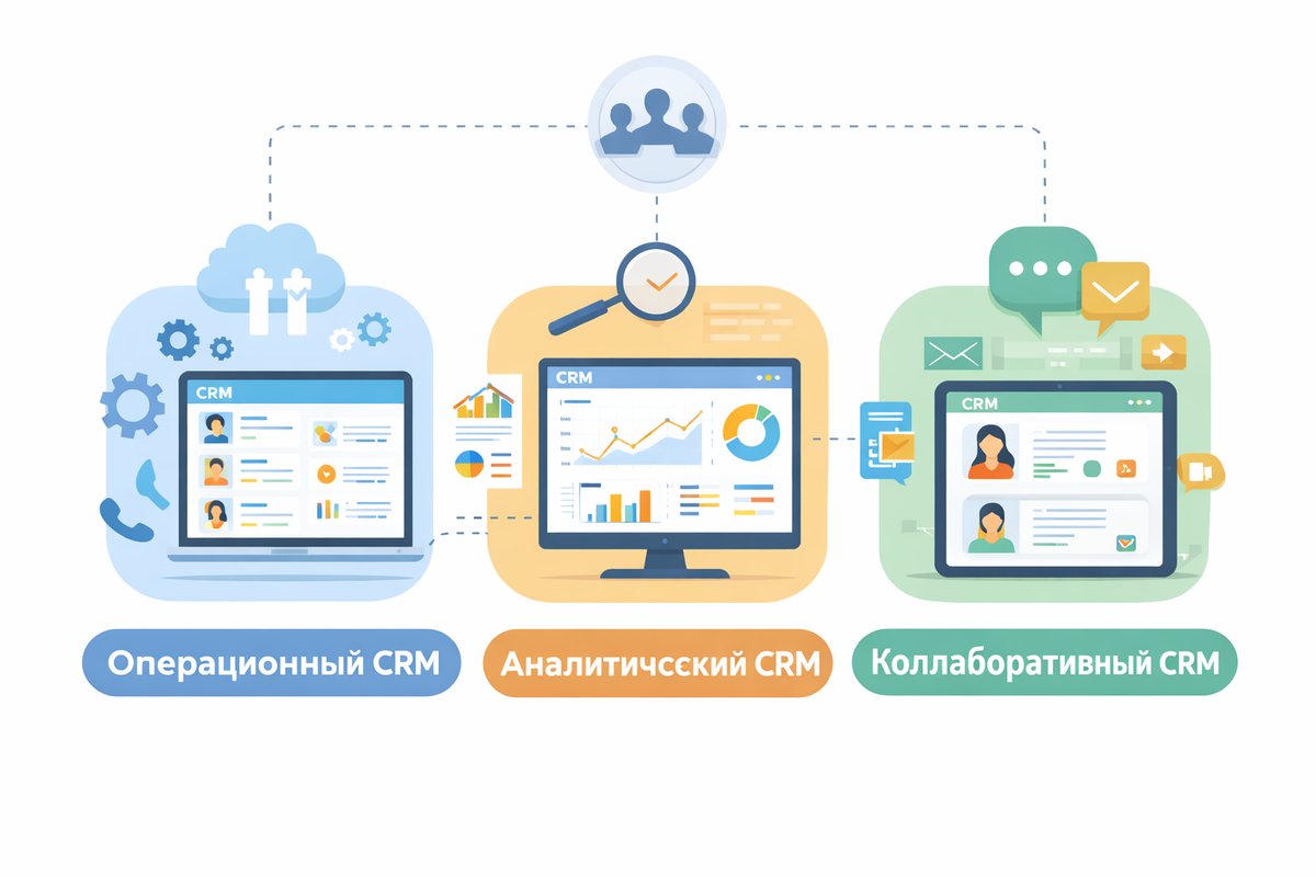 Визуализация типов CRM-систем с разными функциями: операционная, аналитическая, коллаборативная.