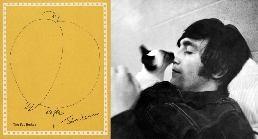 Слева - рождественская открытка по работе Леннона, (Express article about John Lennon drawing fat budgee), справа - Джон Леннон со своей кошечкой Элвис (фото из ресурсов Интернета)