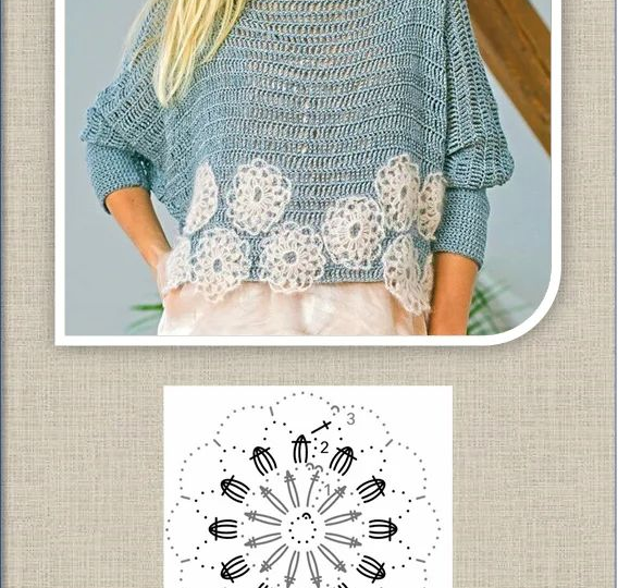 Сетчатый джемпер крючком - как превратить простую базу в дизайнерскую вещь с помощью аппликации