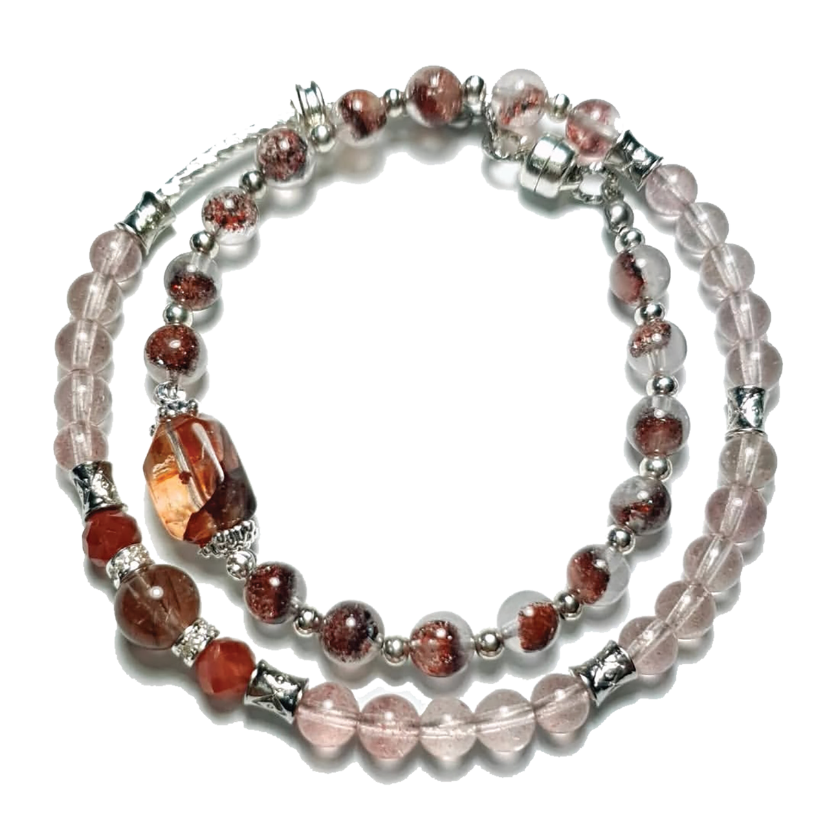 Браслет, розовый кварц, соколиный глаз, раухтопаз, горный хрусталь