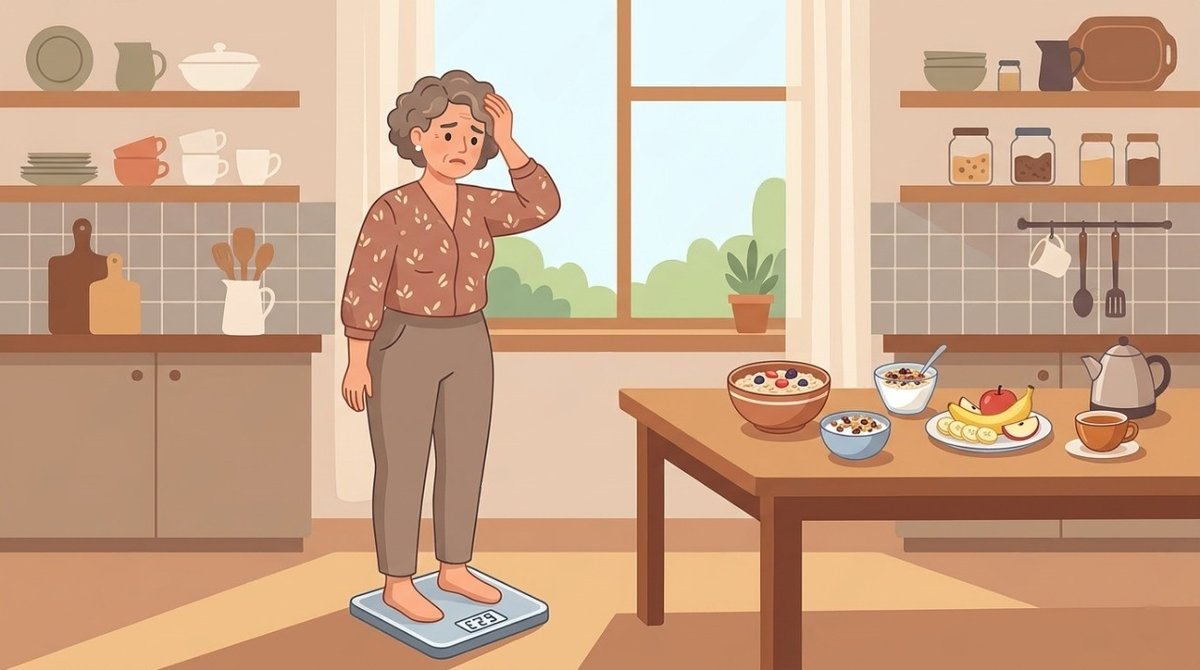 Женщина стоит на весах на кухне и с недоумением смотрит на результат, тема — правильное питание и вес стоит