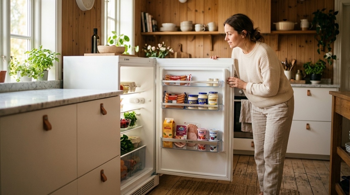 Обложка статьи про продукты и лёгкость после еды — женщина открывает холодильник с привычными продуктами питания