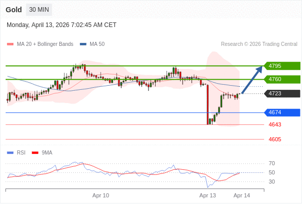 Золото в течение дня: бычий настрой при прорыве вверх 4674.  Наша точка разворота находится на уровне 4674. Наше предпочтение:Покупать выше 4674 с целевыми точками 4760 и 4795. Альтернативный сценарий:Прорыв вниз уровня 4674 откроет путь к 4643 и 4605. Анализ:RSI указывает на отскок. 