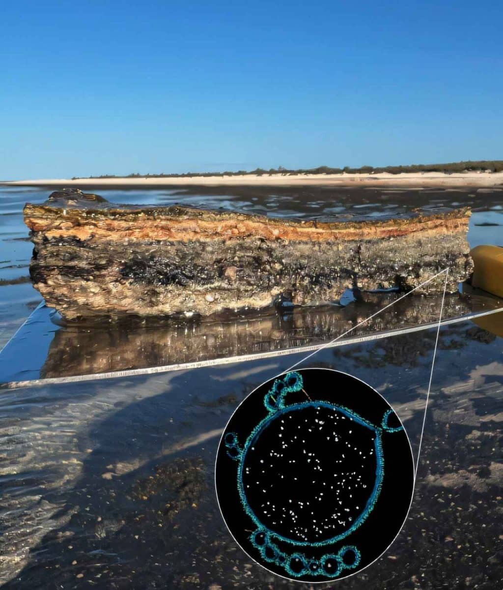    Микробный мат (сверху) и микрофотография Асгард-археи (снизу) / © Stephanie-Jane Nobs et al., Current Biology, 2026