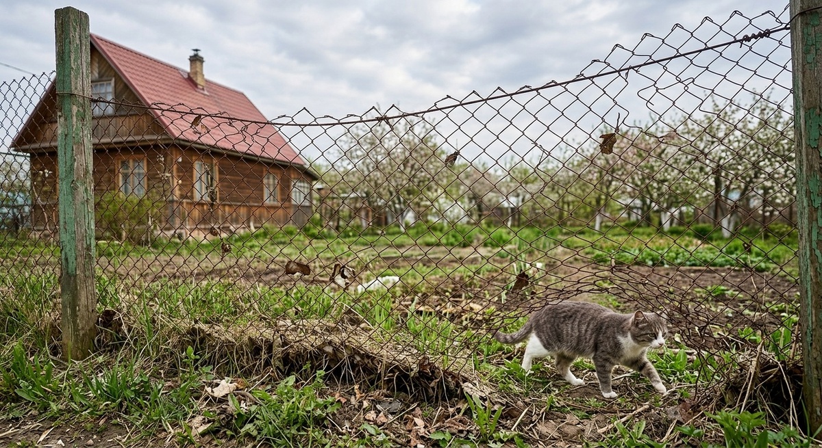 Провисший забор из сетки-рабицы на дачном участке весной, показывающий типичные ошибки установки.