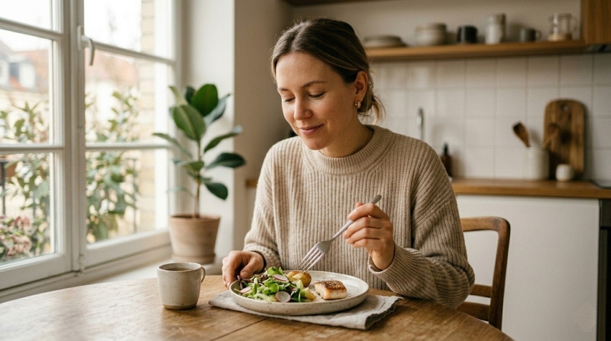 Женщина замедлилась за столом и ест осознанно, ощущая вкус еды и спокойствие момента