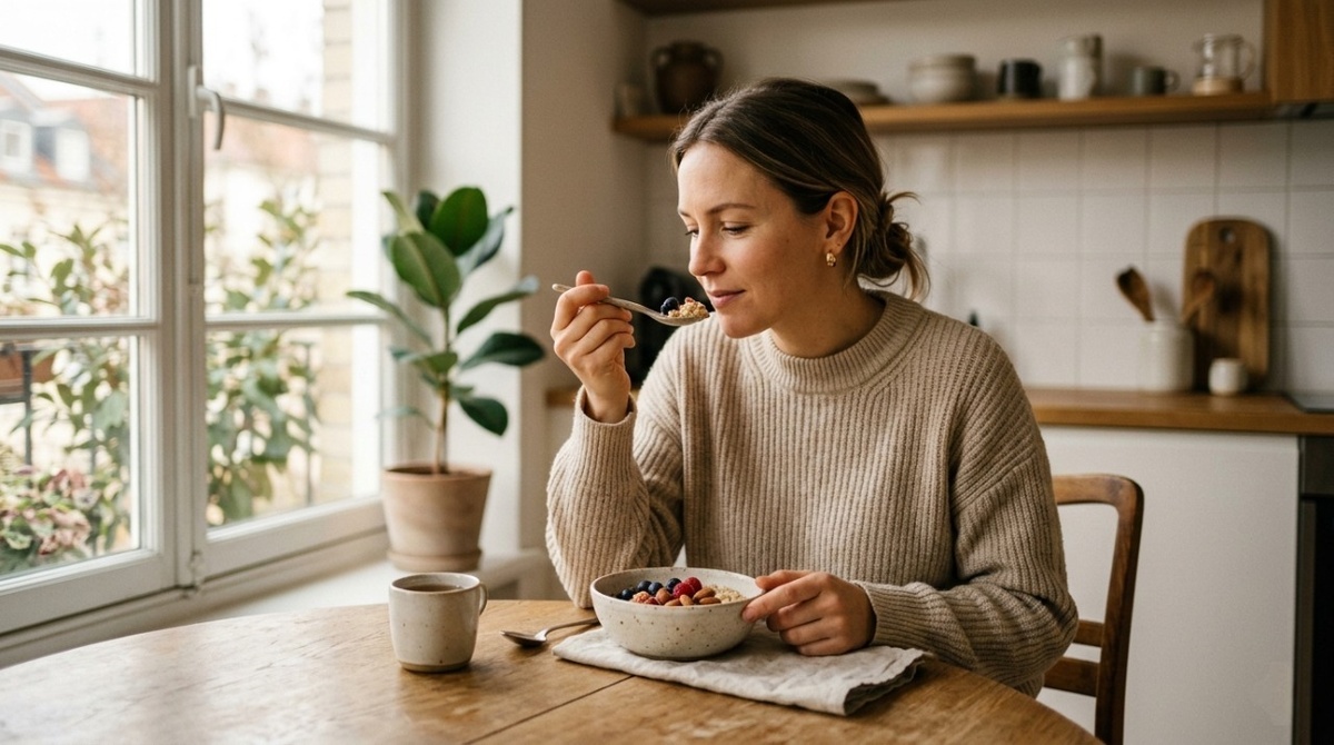 Женщина за столом ест медленно и спокойно, создавая атмосферу осознанного питания и замедления ритма жизни
