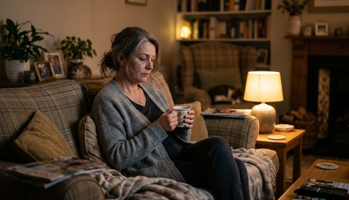 Обложка про вечернюю усталость — женщина дома вечером с чашкой чая и ощущением вечерней усталости в мягком тёплом свете