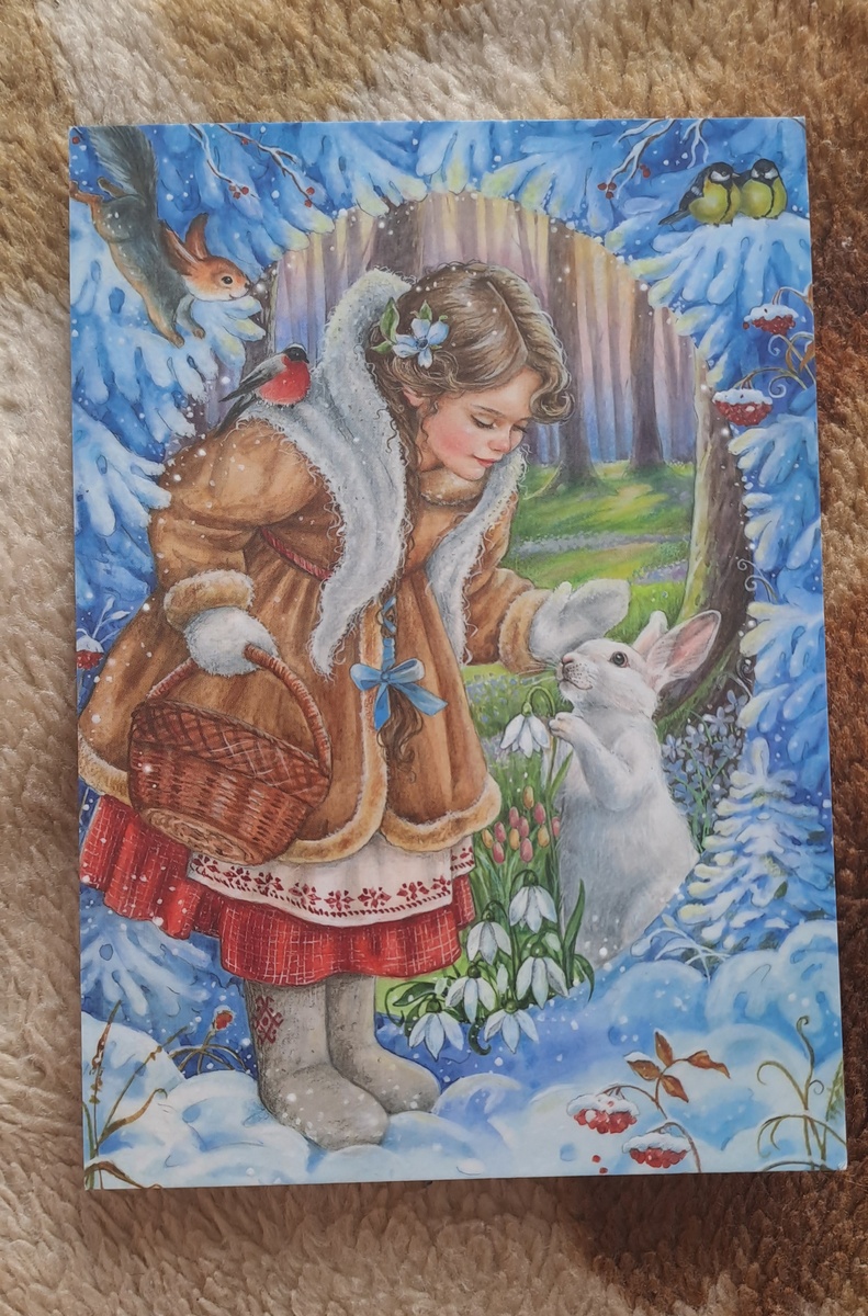 Елена Буторина "Подснежники". Оборот красиво оформлен и подписан. Отправитель написал тёплые весенние пожелания и передал привет из Ханты-Мансийска 