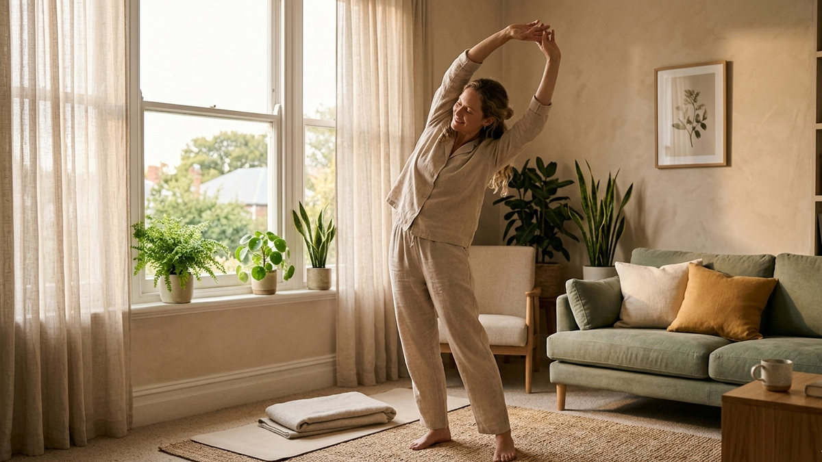Лёгкая утренняя разминка дома без спорта и давления. Простые движения помогают почувствовать энергию утром.
