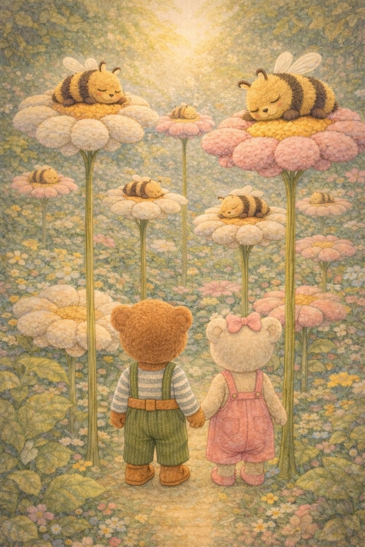 Плюшевые пчелы спят на плюшевых цветах