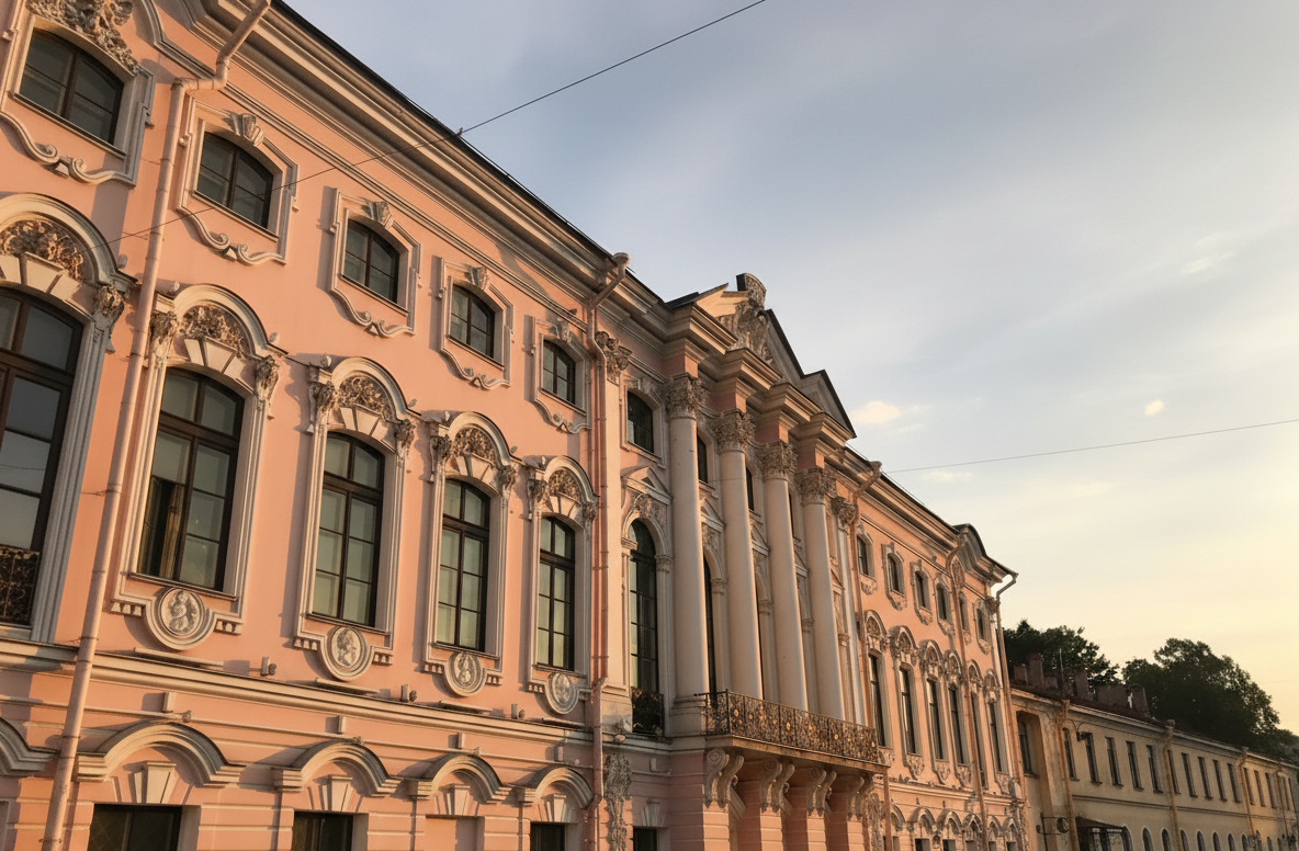 Вид на Строгановский дворец на закате